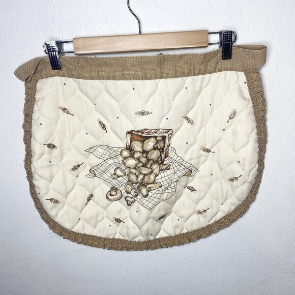 Franco Vintage Mushroom Half Apron Brown Cream Ruffle Trim Waist Tie - Picture 1 of 14